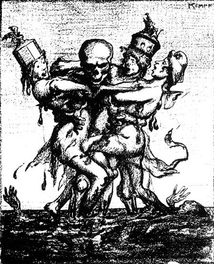 Wojna, mająca postać szkieletu, trzyma w objęciach trzy postacie kobiece symbolizujące Anglię, Francję i Niemcy.
