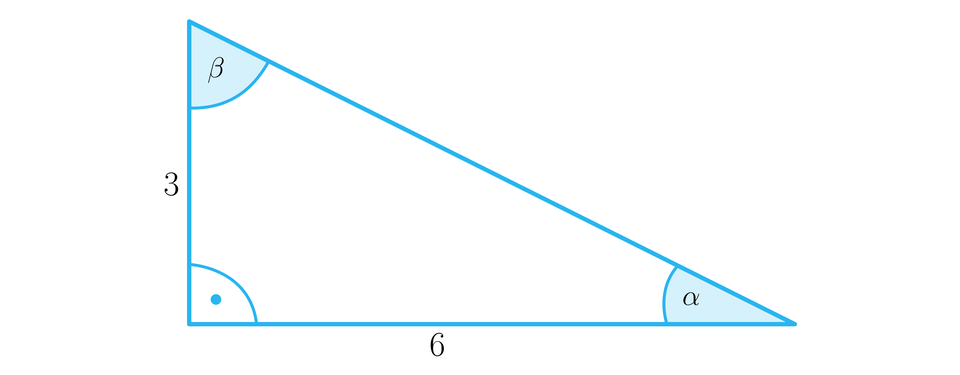 Rysunek przedstawia trójkąt prostokątny o podstawie o długości sześć i o pionowej przyprostokątnej o długości trzy. Na rysunku zaznaczono również kąty wewnętrzne trójkąta. Kąt prosty między opisanymi wyżej bokami, kąt alfa między przeciwprostokątną a podstawą o długości sześć oraz kąt BETA między przyprostokątną a bokiem o długości trzy.