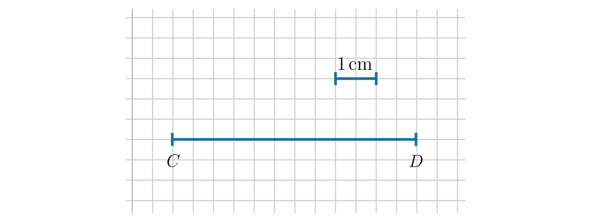 Rysunek przedstawia poziomy odcinek C D na tle w kratkę, którego długość wynosi 12 kratek. Powyżej znajduje się odcinek długi na dwie kratki opisany jako 1 centymetr.