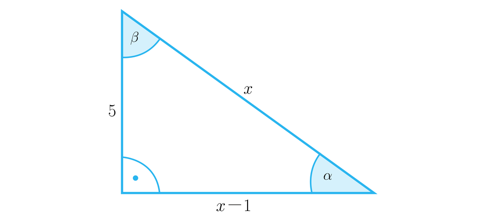 Rysunek przedstawia trójkąt prostokątny o podstawie x, minus, jeden, pionowej przyprostokątnej o długości pięć oraz o przeciwprostokątnej o długości x. Zaznaczono także kąty wewnętrzne trójkąta. Kąt prosty między bokami x, minus, jeden a pięć, kąt alfa między podstawą a przeciwprostokątną oraz kąt BETA między bokiem pięć a przeciwprostokątną.