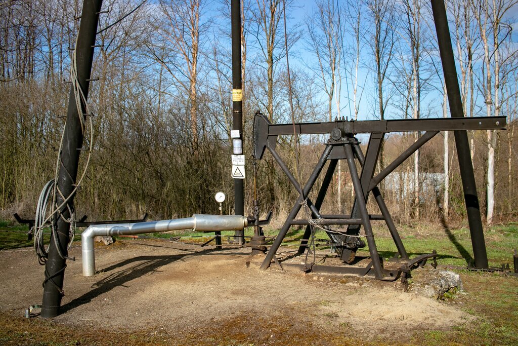 Na zdjęciu widoczny jest czarny kiwak pompowy czyli urządzenie zmieniające ruch posuwisto–zwrotny cięgła w płaszczyźnie poziomej, na ruch pionowy żerdzi pompowych.Kiwak osadzony jest na czarnej konstrukcji w kształcie litery A. Na ramie osadzone jest czarne ramie kiwaka. Ramie jest w kształcie podłużnego prostokąta o orientacji poziomej. Z prawej strony ramienia znajduje się czarna głowica o kształcie zbliżonym do elipsy. Ramie wraz z głowicą ma kształt młotka. Od głowicy kiwaka biegnie pionowo w dół czarny drążek polerowany który łączy się z głowicą eksploatacyjną otworu. Drążek jest w kształcie cienkiego pionowego cylindra.Za kiwakiem znajduje się szara rura. Rur jest o kształcie obróconej o 270° litery L. Podstawa litery L jest skierowana w kierunku ziemi. Na części rury o orientacji poziomej znajduje się okrągły wskaźnik z białym cyferblatem  i wskazówką. Cały układ znajduje się pomiędzy trzema stalowymi cylindrycznymi nogami które tworzą kształt ostrosłupa o podstawie trójkąta.W tle zdjęcia widoczny jest las.