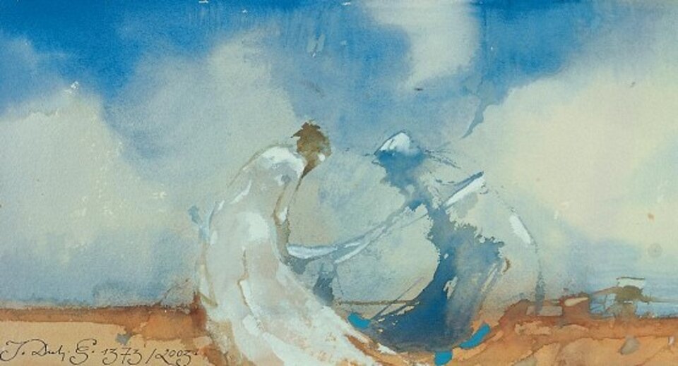 Obraz. Na pierwszym planie postać kobiety w białej długiej sukni, naprzeciw kobiety niewyraźny kształt symetryczny do kobiety, jakby jej cień, w barwach nieba i wody. W tle niebo z białymi obłokami.