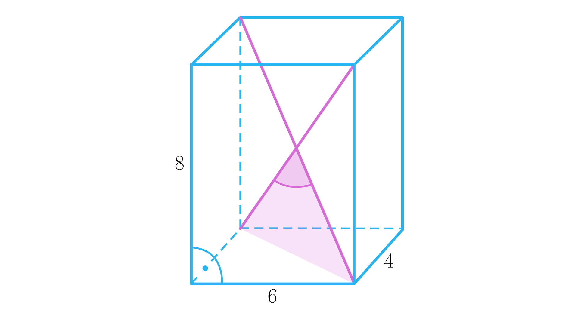 Na ilustracji przedstawiono prostopadłościan o krawędziach podstawy 4 i 6, oraz wysokości równej osiem. Zaznaczono dwie przekątne bryły oraz kąt ostry pomiędzy nimi.