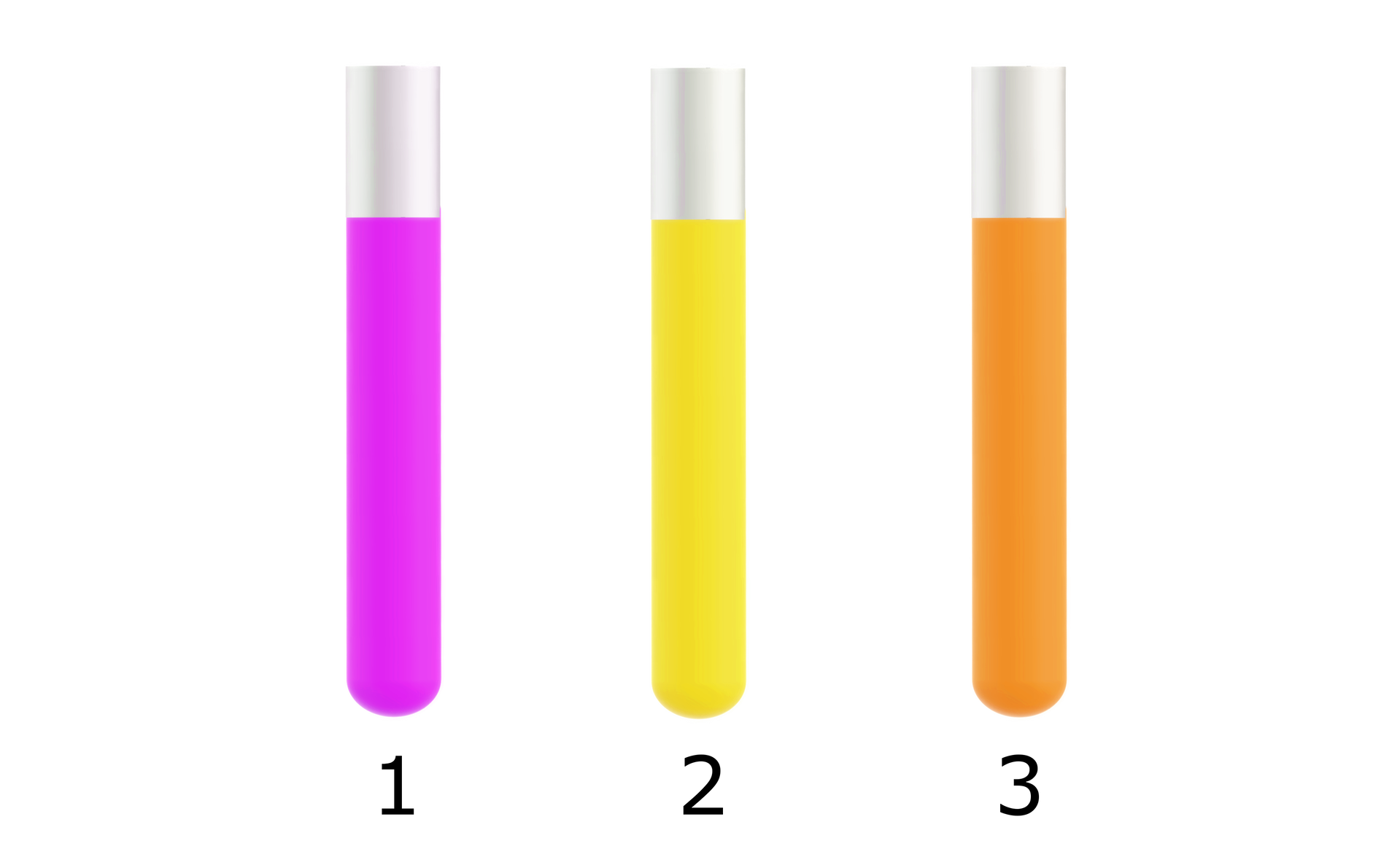 Probówki z roztworami o różnych barwach. 1. Barwa fioletowa. 2. Barwa żółta. 3. Barwa pomarańczowa.