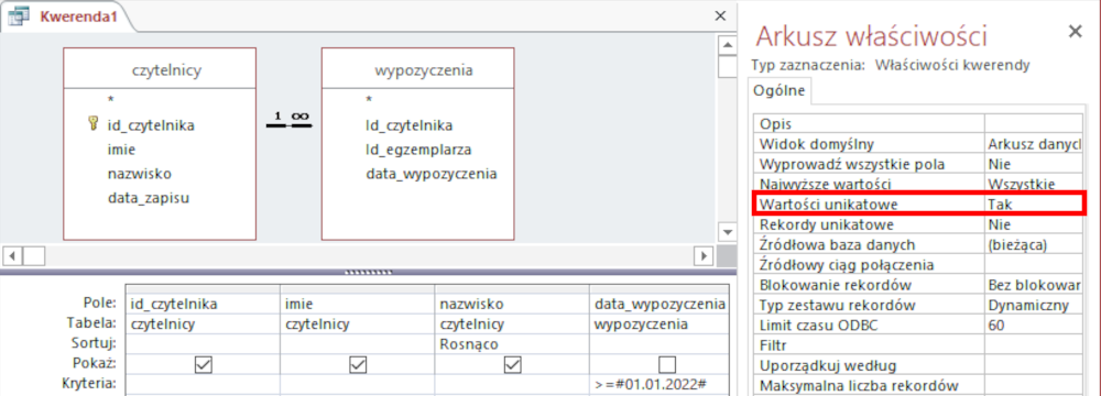 Ilustracja przedstawia kwerendę. Są dwie sekcje: czytelnicy oraz wypozyczenia. W sekcji czytelnicy lista: symbol gwiazdki, id_czytelnika (obok symbol klucza), imie, nazwisko, data_zapisu. W sekcji wypozyczenia: symbol gwiazdki, id_czytelnika, id_egzemplarza, data_wypozyczenia. Poniżej tabela. Z lewej strony tabeli w komórkach kolejno w dół: Pole, Tabela, Sortuj, Pokaż, Kryteria. W rzędzie dotyczącym pola kolejno: id czytelnika, imie, nazwisko, data wypozyczenia. W rzędzie dotyczącym Tabeli: czytelnicy, czytelnicy, czytelnicy, wypozyczenia. W Sortuj w kolumnie nazwisko wpisano: rosnąco. W Pokaż są haczyki, z wyjątkiem kolumny data wypozyczenia. W Kryterium w kolumnie data wypozyczenia wpisano >=hasz01.01.2022hasz. Po prawej stronie ilustracji wyświetla się Arkusz właściwości. Tam wybrano z listy Wartości unikatowe - Tak.     
