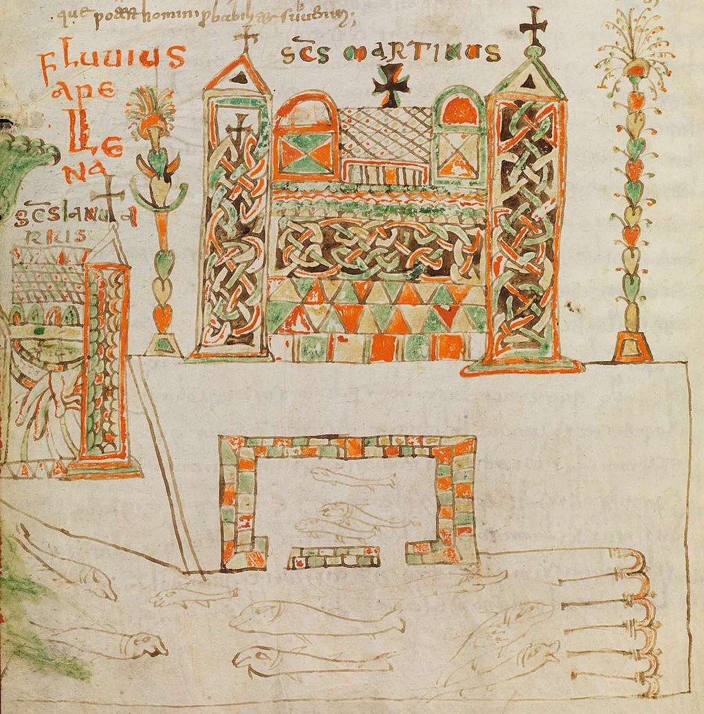 Ilustracja przedstawia budynek klasztorny. Widoczne są dwie wieże, na szczycie których znajdują się krzyże. Obok budynku narysowano palmy. Przed klasztorem znajduje się sadzawka, w której pływają ryby. 