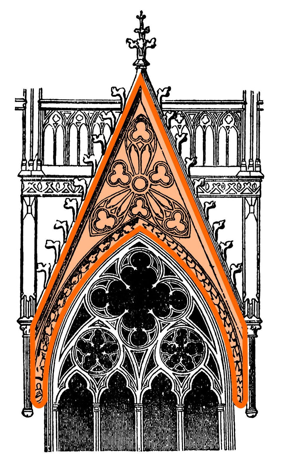Ilustracja przedstawia element architektoniczny o kształcie trójkąta, który pełnił funkcję dekoracyjną. Element ten znajduje się nad oknem witrażowym. Na jego powierzchni umieszczono wzory - trójlistne koniczyny, czterokątne figury oraz ornamenty. Kolorem pomarańczowym oznaczono wimpergę.