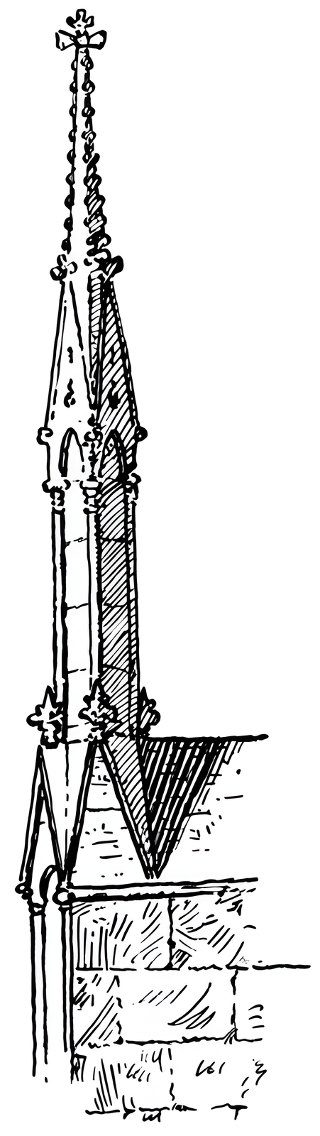 Czarno‑biała ilustracja przedstawia spiczasty element architektoniczny umieszczony na dachu budynku. Element ten swoim kształtem przypomina igłę. Na poszczególnych ścianach znajdują się zdobienia, a na szczycie krzyż. 