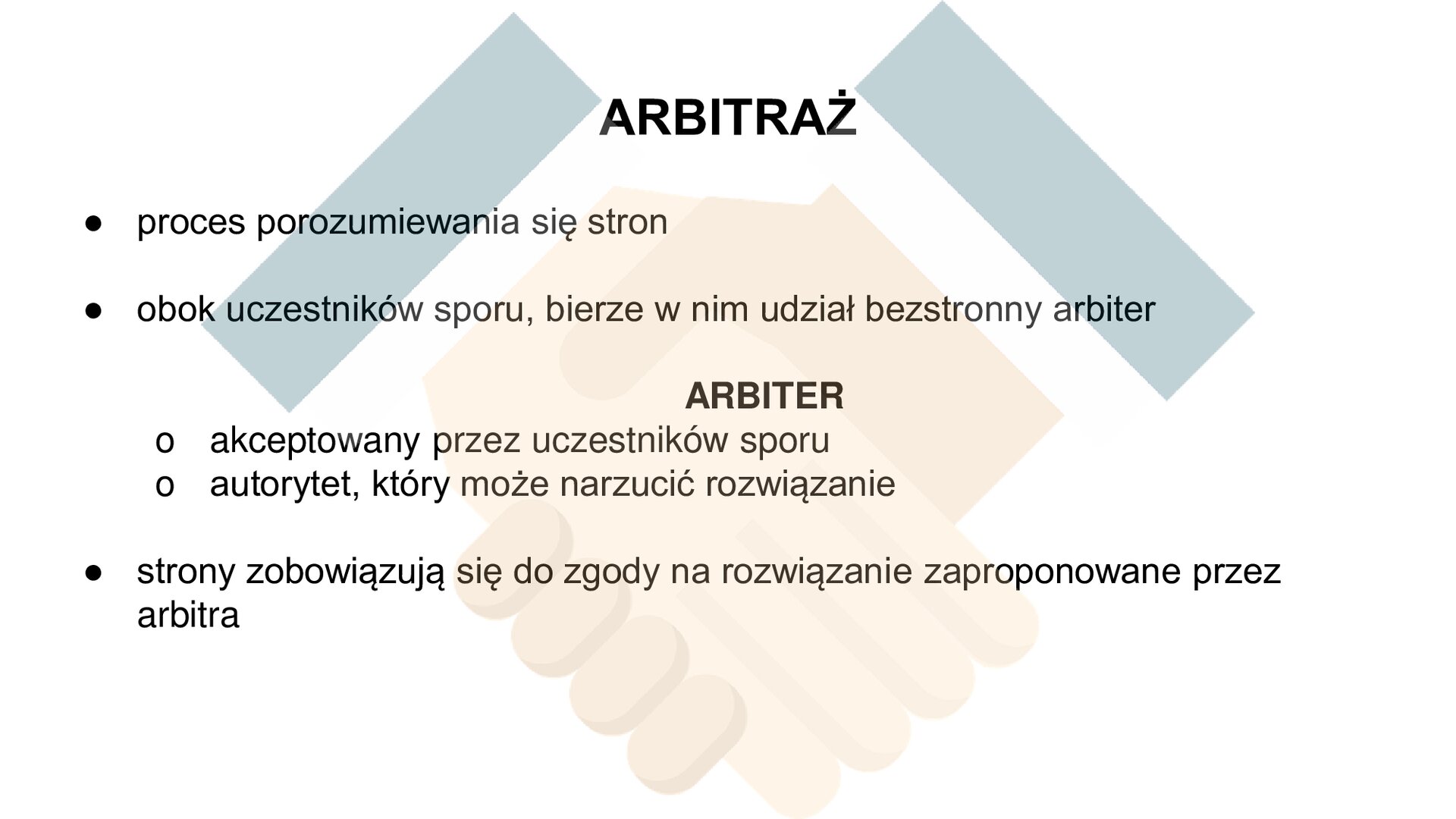 U góry napis: Arbitraż. Niżej teksty: proces porozumiewania się stron; obok uczestników sporu, bierze w nim udział bezstronny arbiter. Arbiter jest akceptowany przez uczestników sporu. Autorytet, który może narzucić rozwiązanie. Strony zobowiązują się do zgody na rozwiązanie zaproponowane przez arbitra. W tle rozjaśniony rysunek dwóch uściśniętych dłoni. 