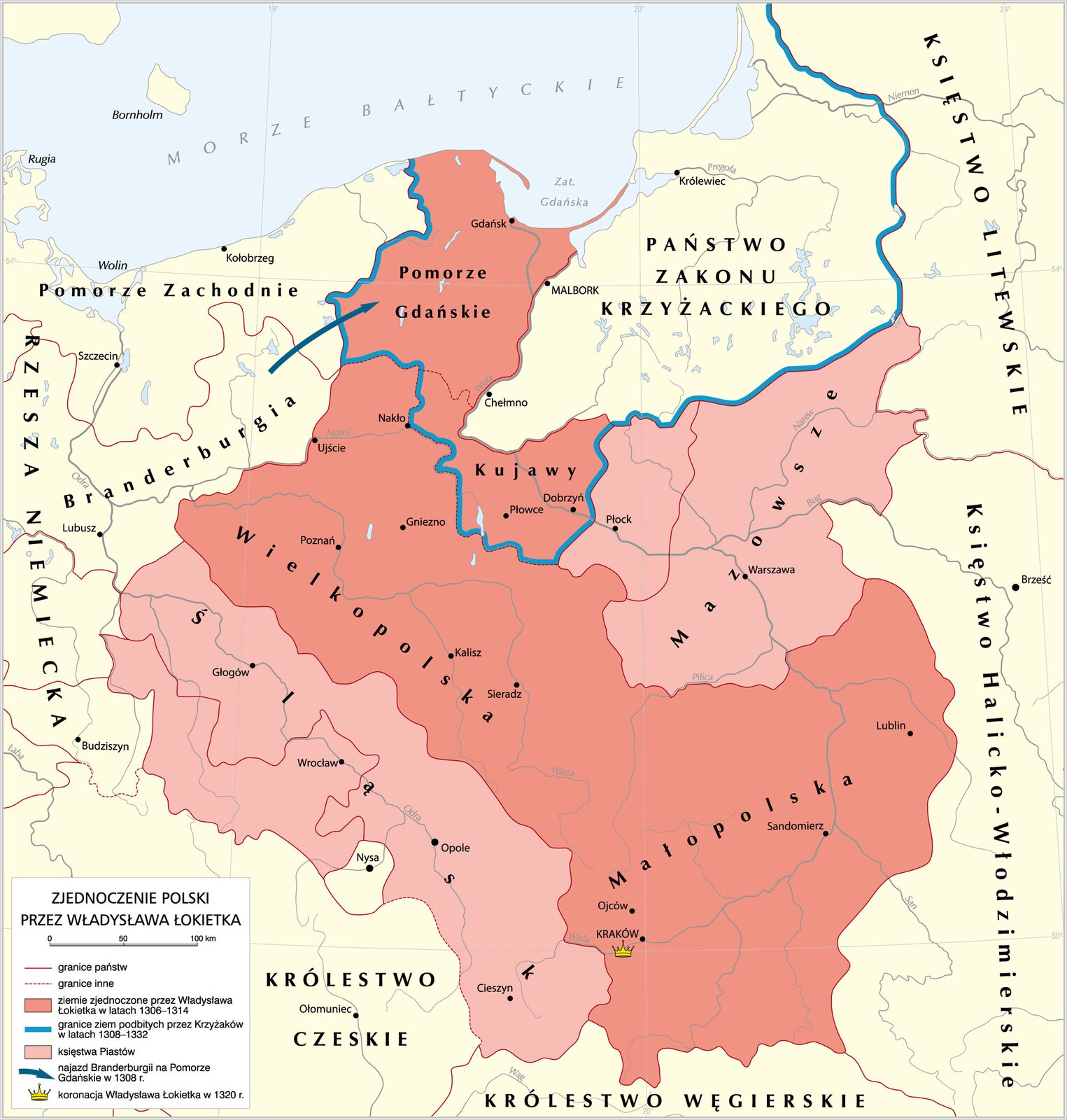 Grafika mapy przedstawiającej zjednoczenie Polski przez Władysława Łokietka.