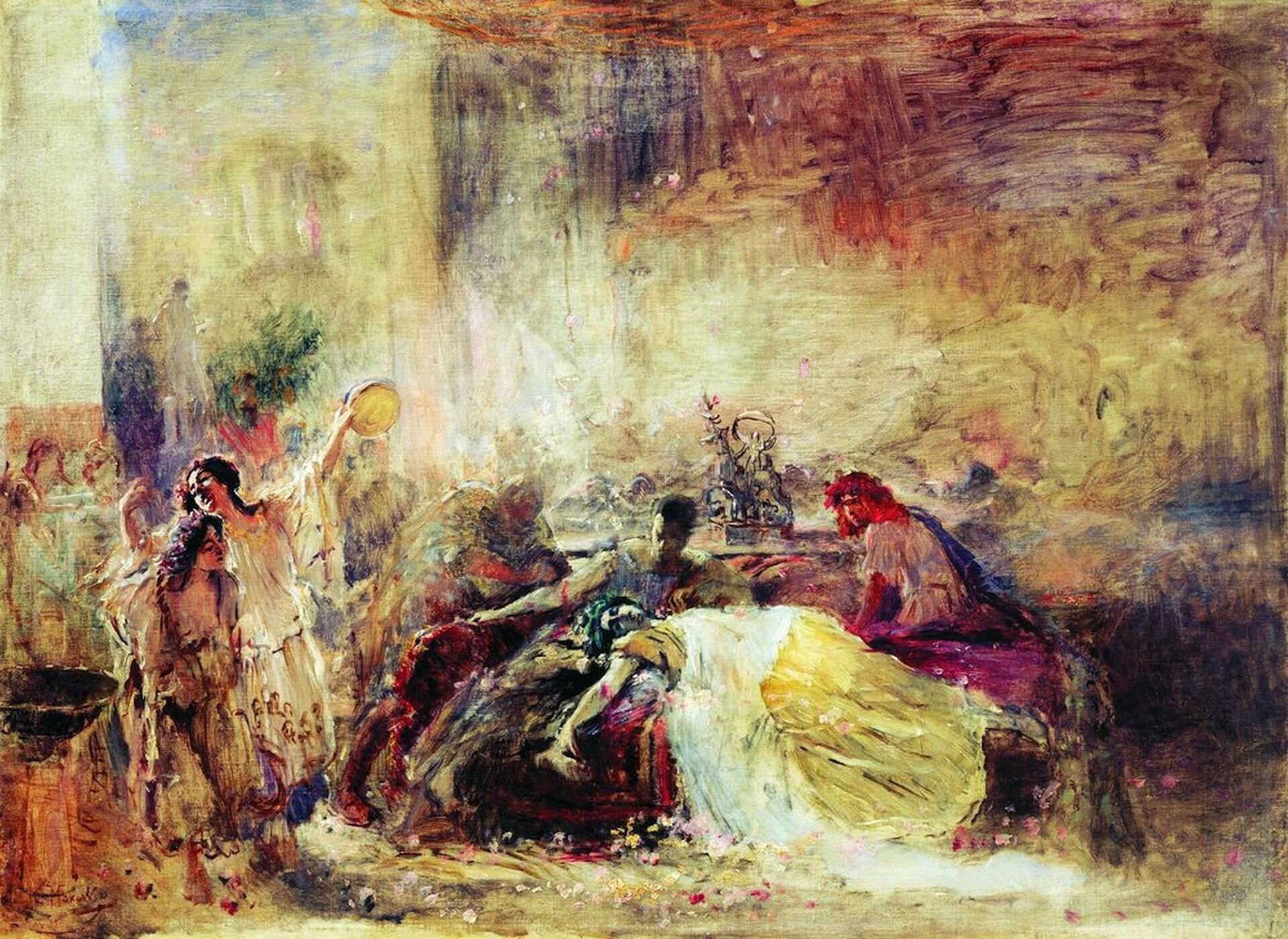 Ilustracja przedstawia obraz pt. „Śmierć Petroniusza”. W centralnej części obrazu przedstawiono łoże na którym są trzy postacie. Główną z nich jest leżący, młody mężczyzna ubrany w biało-żółte szaty. Jego ręka zwisa z łóżka, a głowa leży na kolanach innego mężczyzny znajdującego się na łóżku. Na skraju siedzi trzecia postać z długimi czerwonymi włosami. Obok po lewej stronie stoją dwie kobiety. jedna z nich ma uniesioną lewą rękę do góry i trzyma w dłoni okrągły przedmiot. Za łóżkiem w tle widać posąg. Tło obrazu w górnej prawej części jest pomarańczowo-czerwone rysowane krótkimi pociągnięciami farby.