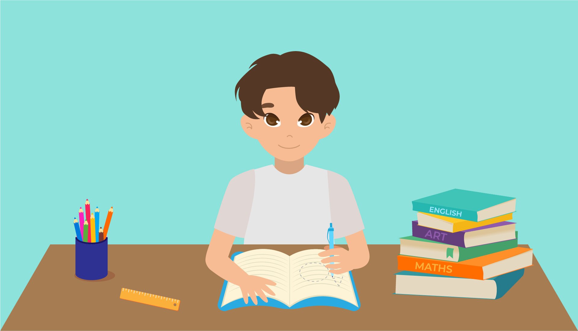 Ilustracja przedstawia chłopca siedzącego przy biurku i piszącego coś w zeszycie. 
