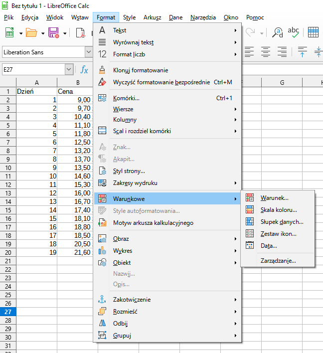 Zrzut ekranu przedstawia okno dialogowe programu LibreOffice Calc. Widoczny jest arkusz z danymi i rozwinięta zakładka Format. Spośród wszystkich opcji podświetlona jest opcja Warunkowe. Na rozwiniętej liści widoczne są możliwe opcje Warunek, Skala koloru, Słupek danych, Zestaw ikon, Data, Zarządzanie. 