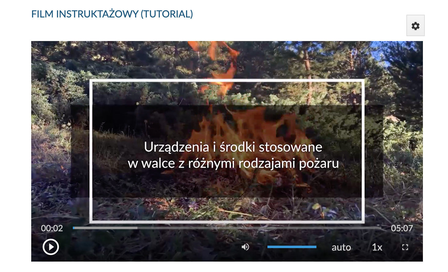 Grafika przedstawia ekran filmu instruktażowego, tutorialu. Widoczne jest zdjęcie ogniska w lesie. Na środku znajduje się napis: Urządzenia i środki stosowane w walce z różnymi rodzajami pożaru. Na samym dole jest pasek z ikonami.