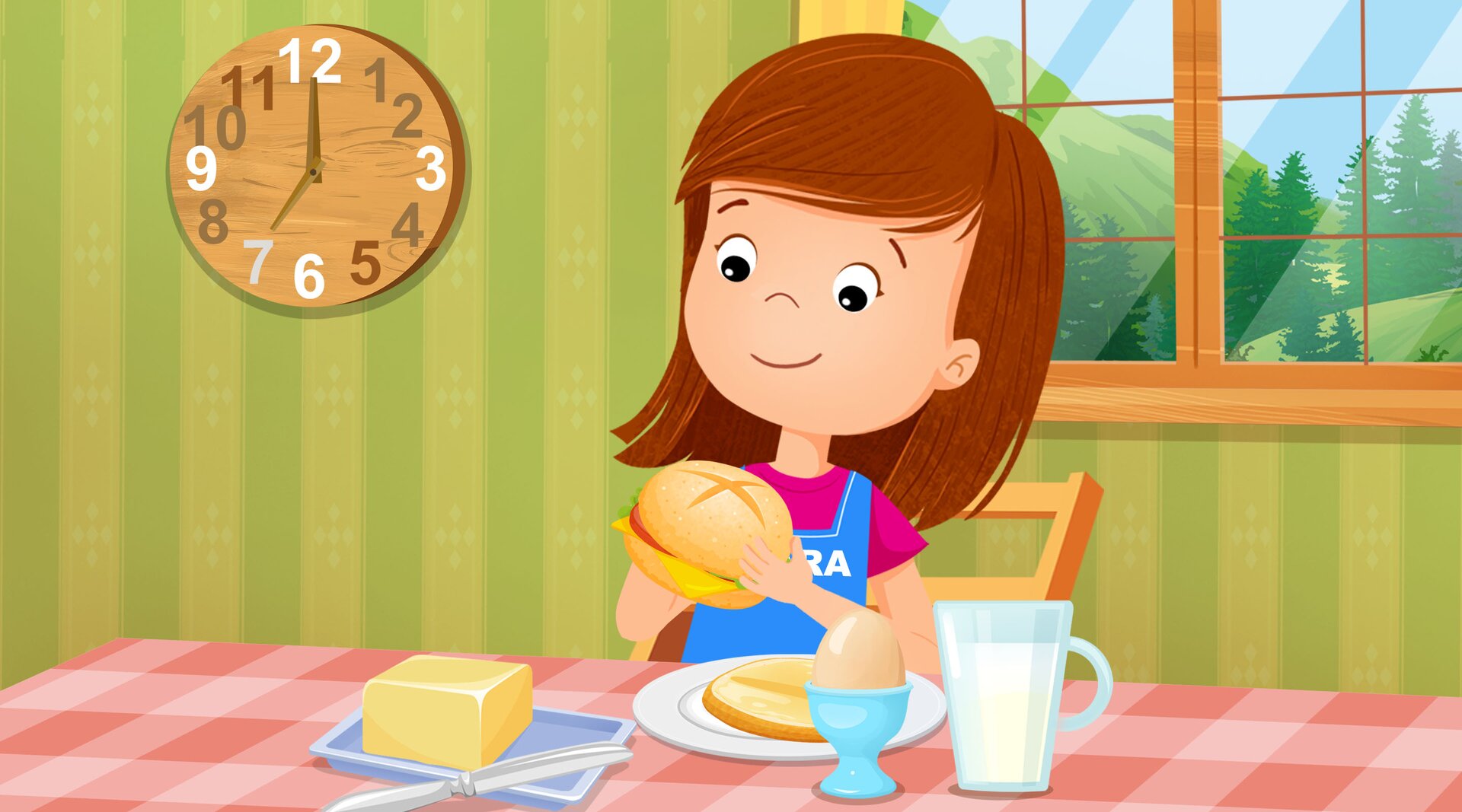Na ilustracji znajduje się Klara, która je śniadanie.