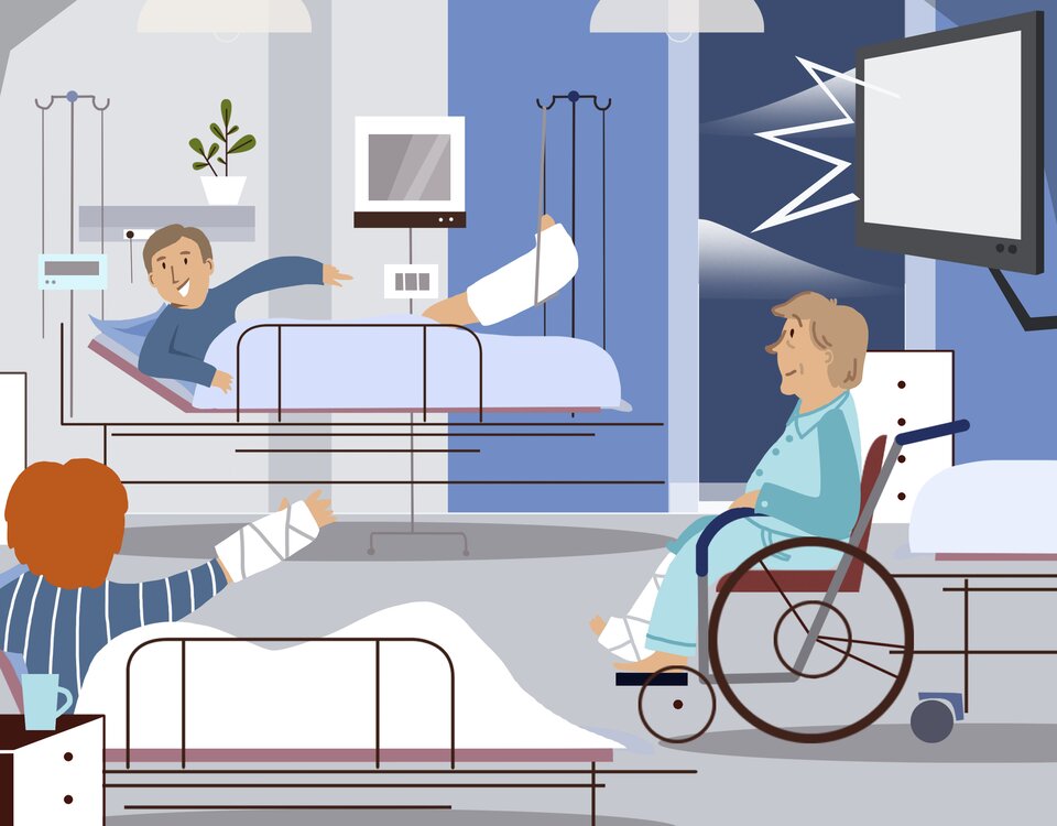Widoczna jest ilustracja. Przedstawia mężczyznę leżącego z nogą w gipsie, kobietę leżącą z ręką w gipsie oraz starszą panią na wózku inwalidzkim, która ma nogę w gipsie. Nad nią znajduje się telewizor.