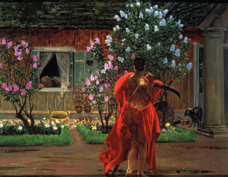 Ilustracja przedstawia młodą, półnagą kobietę, tyłem odwróconą do widza. Od przodu ma narzucony długi płaszcz, bose stopy. W dłoniach trzyma kosę. Dalszy plan stanowią krzaki kwitnącego bzu, rosnące na tle wiejskiego domu. Przed domem stoi pies, prze otwarte okno wychyla się oparte o parapet ciało martwego, starszego mężczyzny.