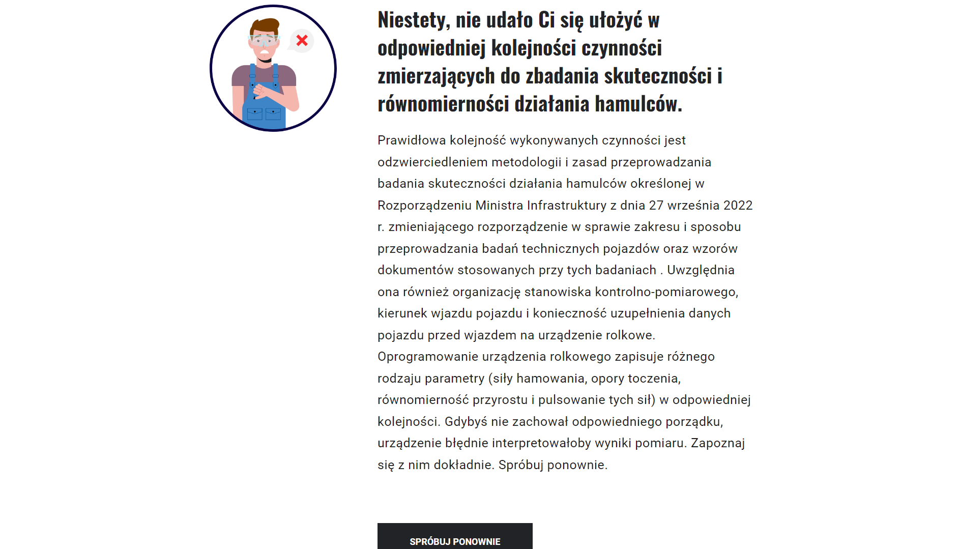 Ekran z negatywną informacją zwrotną