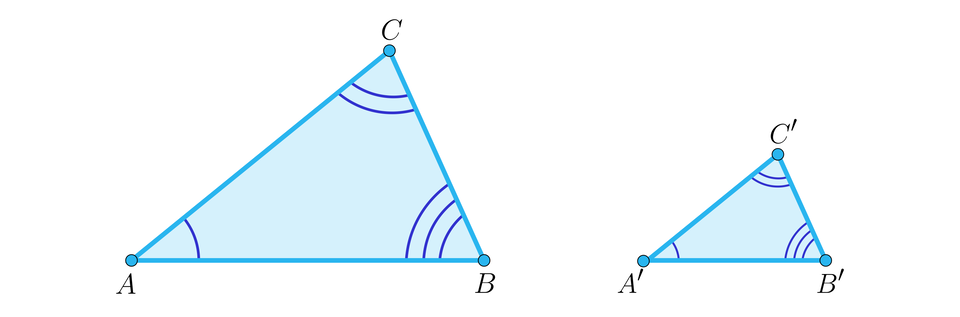 Ilustracja przedstawia dwa trójkąty jeden A B C, a drugi A prim B prim C prim. Jednym łukiem został zaznaczony kąt przy wierzchołku A oraz A prim. Dwoma łukami kąt przy wierzchołku C oraz C prim. A trzema łukami został oznaczony kąt przy wierzchołku B oraz B prim. 
