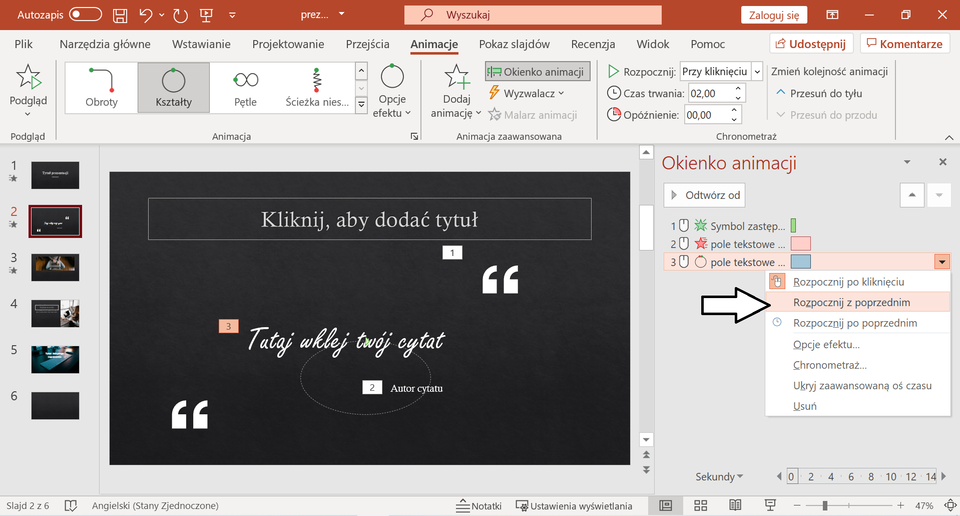 Ilustracja przedstawia otwarty program PowerPoint, w którym otwarta jest prezentacja. U góry na pasku zadań została wybrana opcja Animacja. Po prawej stronie znajduje się okno zatytułowane Okienko animacji. Została wam wybrana trzecia opcja pole tekstowe, a następnie rozpocznij z poprzednim. 