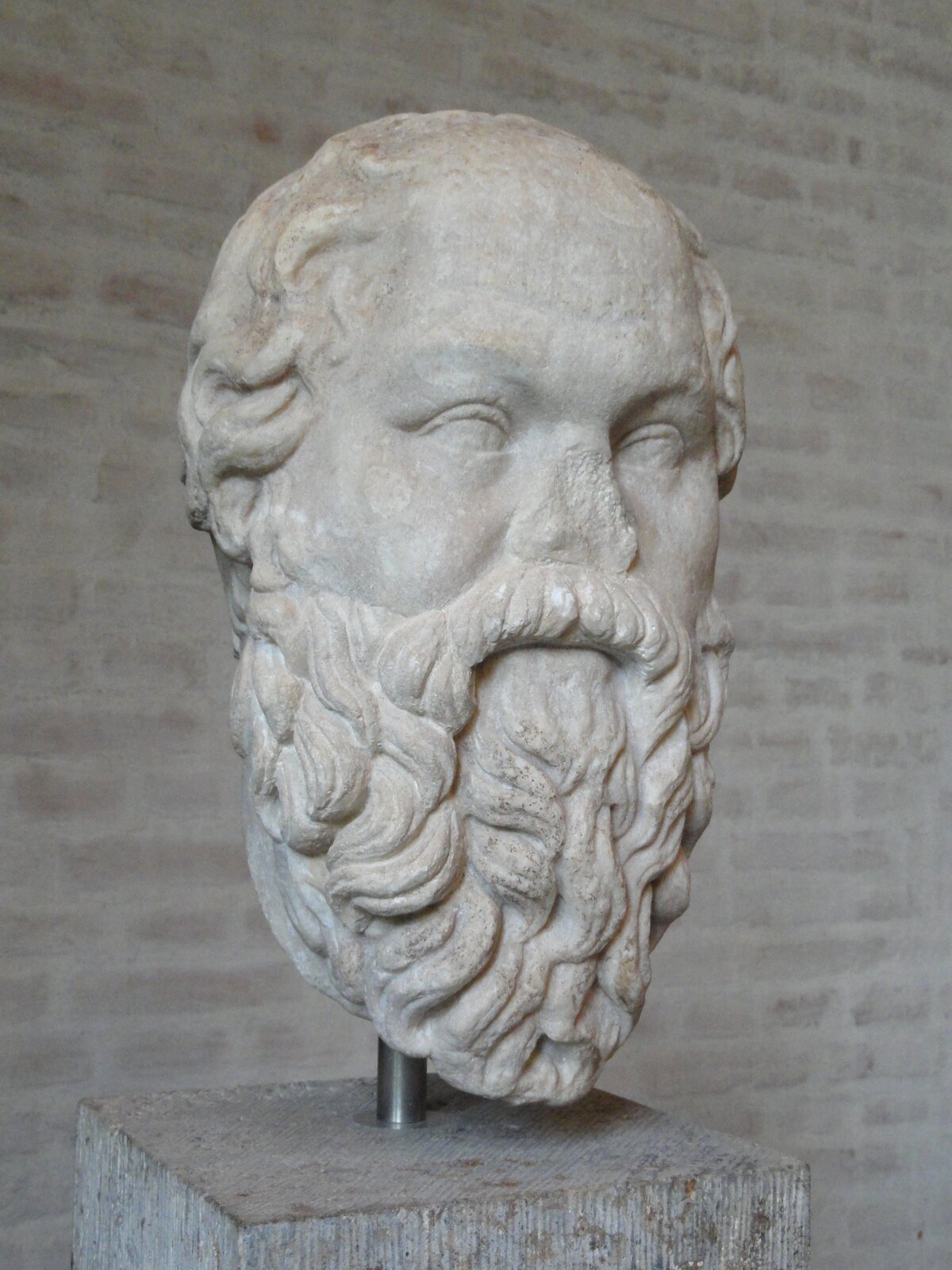 Ilustracja ukazuje marmurową głowę Sokratesa. Filozof przedstawiony jest, jako mężczyzna w starszym wieku. Ma wysokie czoło, bujny zarost, niewielkie oczy i wąskie usta. Rzeźba ma utrącony nos.