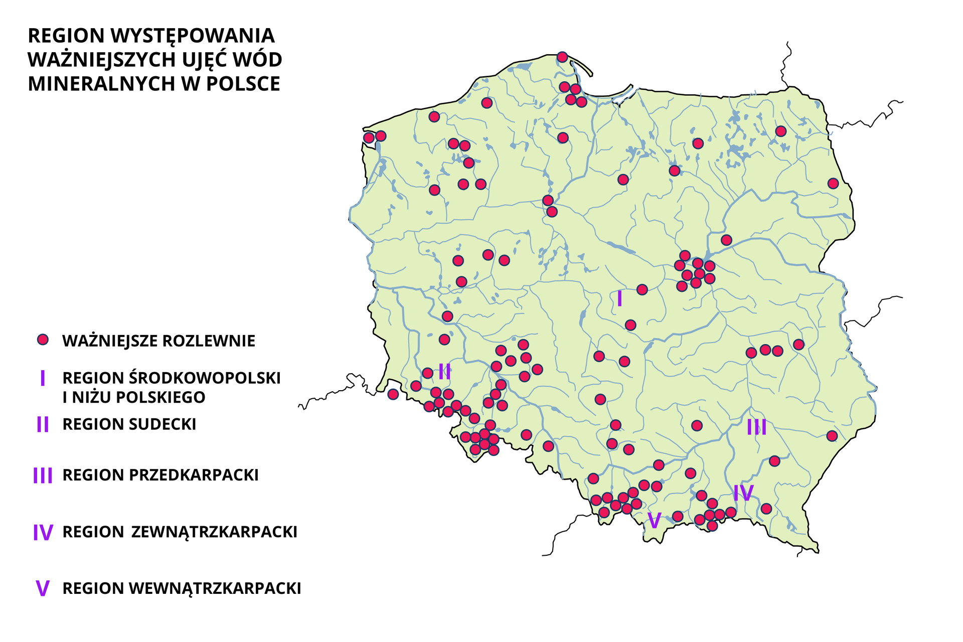 Na mapie Polski zaznaczono miejsca występowania wód mineralnych oraz lokalizację ważniejszych rozlewni. Ważniejsze rozlewnie są na terenie całego kraju, ale największa kumulacja jest na południu Polski - głównie w województwie dolnośląskim i małopolskim, oraz w województwie mazowieckim. Na mapie zaznaczono pięć regionów: 1. region środkowopolski i niżu polskiego, 2. region sudecki, 3. region przedkarpacki, 4. region zewnątrzkarpacki, 5. region wewnątrzkarpacki.
