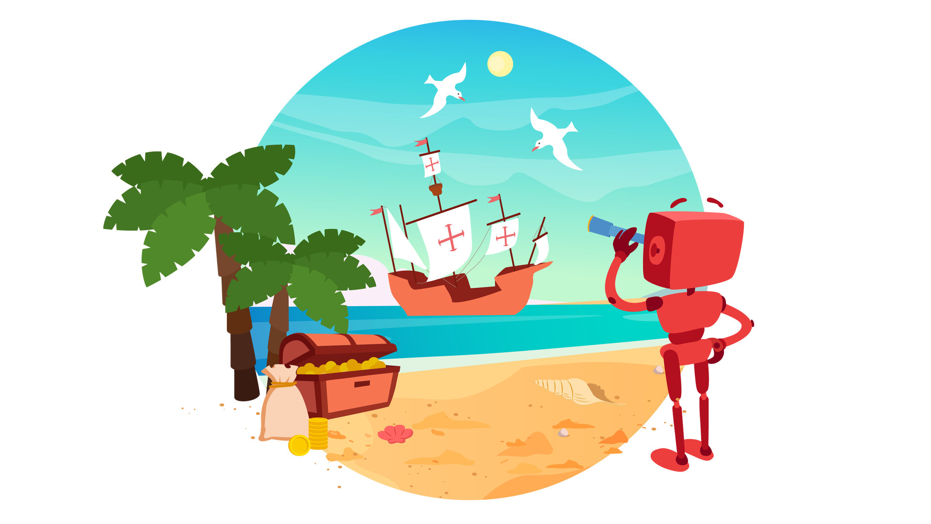 Ilustracja przedstawia morski krajobraz. W tle widać błękitne niebo ze słońcem oraz duży statek z kilkoma żaglami płynący po morzu. Na trzech żaglach widnieje znak krzyża. Nad statkiem latają dwie białe mewy. Na pierwszym planie widać plażę z jasnym piaskiem i muszelkami. Po lewej stronie stoją na plaży dwie palmy, a pod nimi jest skrzynia ze skarbem. Jej wieko jest uchylone, dzięki czemu widać dużą ilość złotych monet znajdujących się w środku. Obok skrzyni widać kolejne kilka monet oraz beżowy worek związany sznurkiem. Po prawej stronie stoi tyłem Zgrzytek. Jest to czerwony robot o prostokątnej głowie z krótkimi antenkami zamiast uszu, dwiema rękami i dwiema nogami. Zgrzytek prawą rękę opiera na biodrze, a w lewej trzyma lornetkę, którą przykłada do oka. Robot patrzy przez lornetkę na płynący po morzu statek.