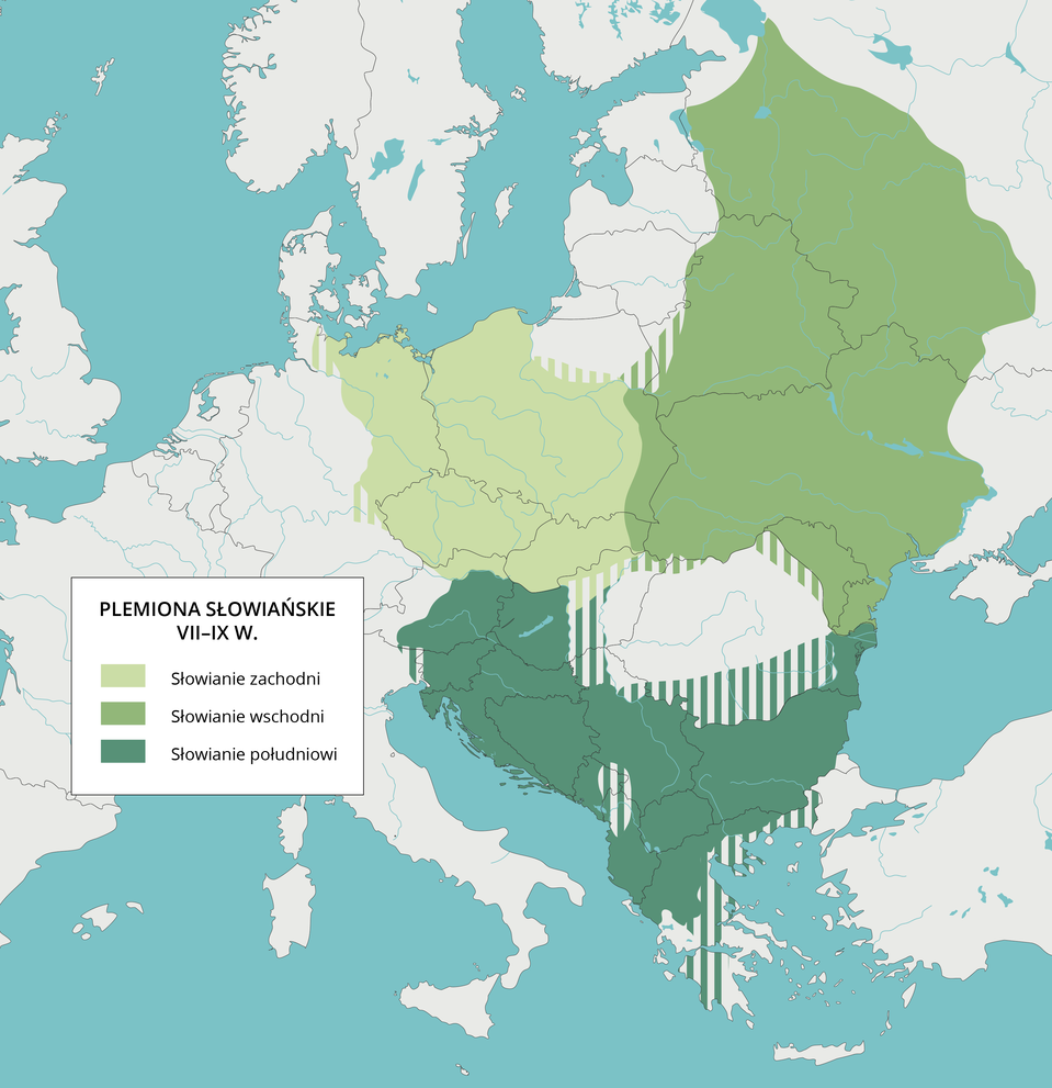 Mapa Europy przedstawia plemiona słowiańskie od siódmego do dziewiątego wieku.  Słowianie zachodni zamieszkiwali dzisiejsze wschodnie Niemcy, Czechy, Słowację, północne Węgry oraz Polskę z wyjątkiem Prus. Słowianie zachodni zamieszkiwali centralną i zachodnią Ukrainę, Mołdawię, Białoruś i zachodnią Rosję. Słowianie południowi zamieszkiwali Bułgarię, zachodnie Węgry, Austrię, Słowenię, Chorwację, Bośnię i Hercegowinę, Serbię, Macedonię Północną, Południową Albanię oraz północną Grecję, częściowo zamieszkiwali północną Albanię, Kosowo południową Rumunię oraz południową Grecję. 