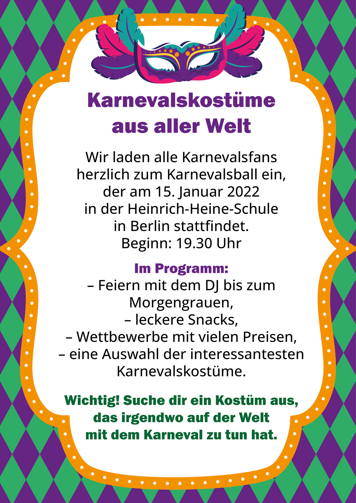 Ilustracja przedstawia kolorowy plakat. W nagłówku umieszczono ilustrację maski karnawałowej. Transkrypcja plakatu dostępna jest poniżej