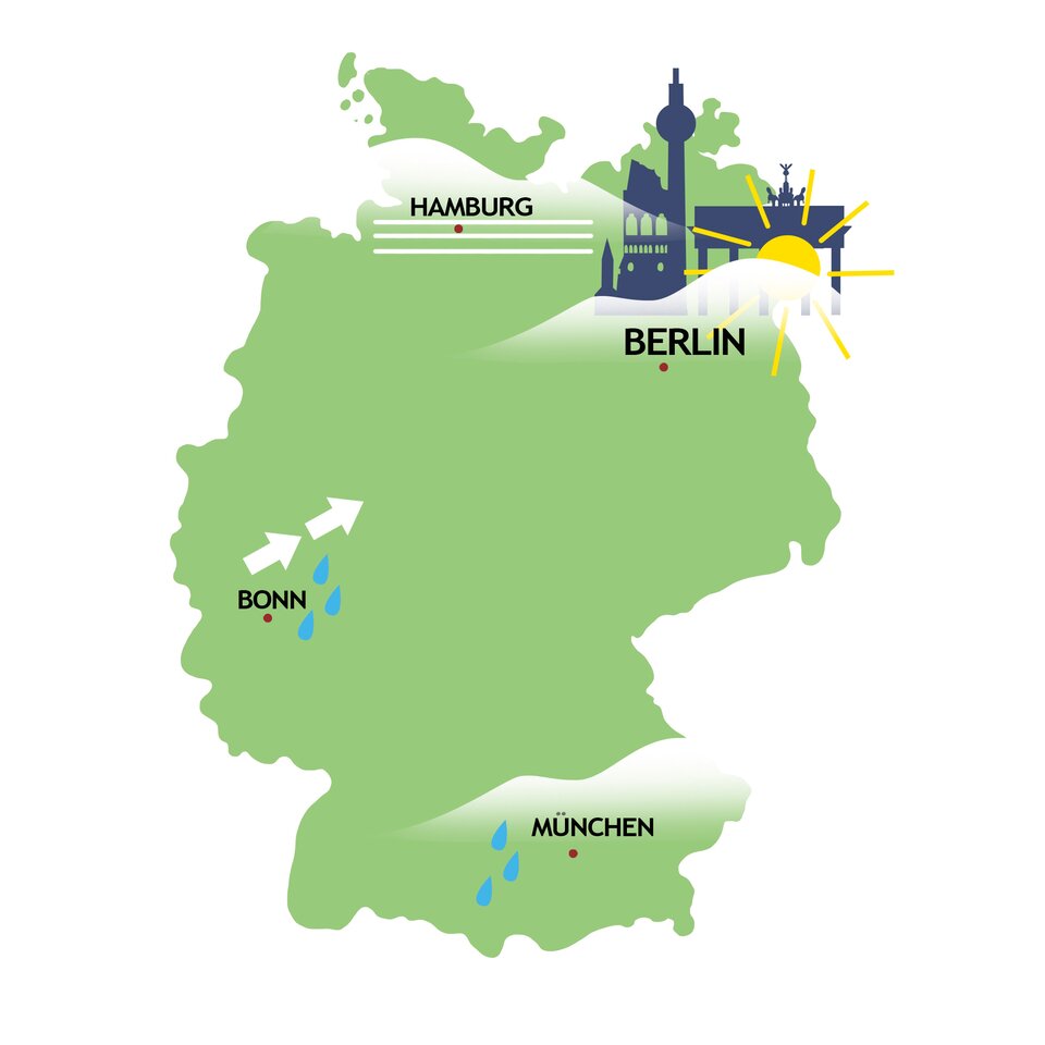Ilustracja przedstawia mapę Niemiec z zaznaczonymi miastami: Hamburg, Berlin, Bonn oraz München. Poniżej ilustracji znajdują się opisy warunków atmosferycznych w poszczególnych miastach. 