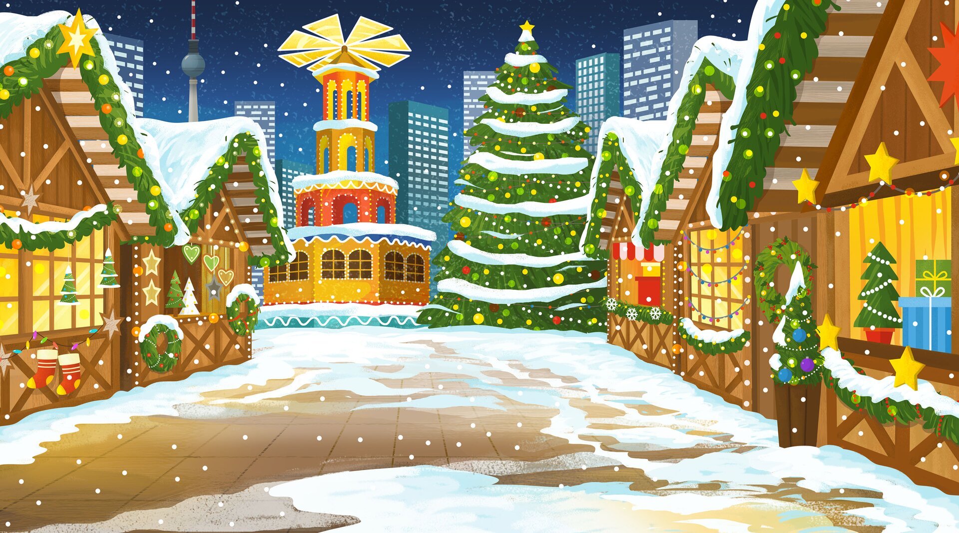 Na ilustracji ukazano jarmark świąteczny.