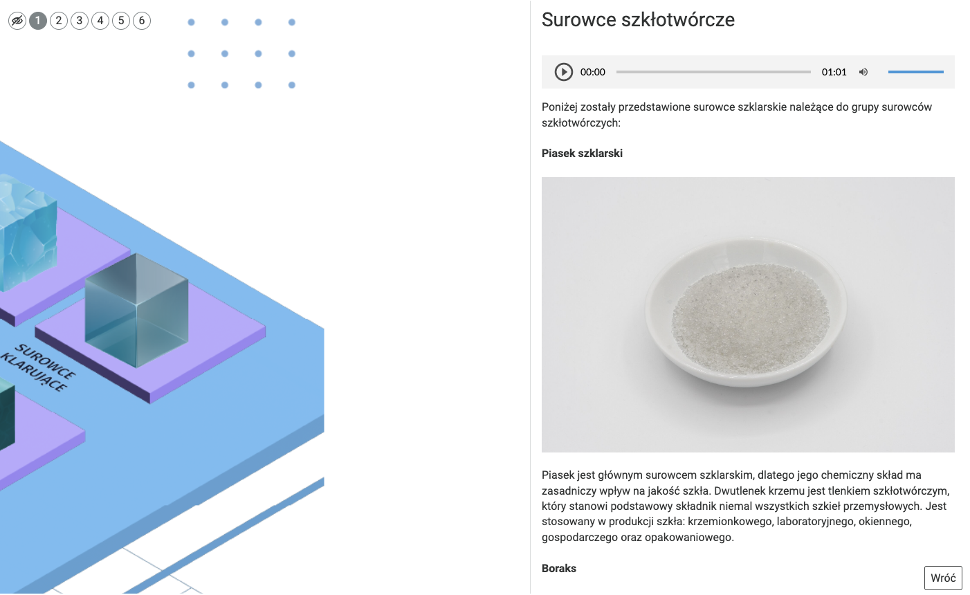 Grafika przedstawia opis wyświetlany po kliknięciu na przykładowy znacznik, umieszczony na planszy. Wyświetlane jest zdjęcie surowca szkłotwórczego - piasku wraz z opisem. 