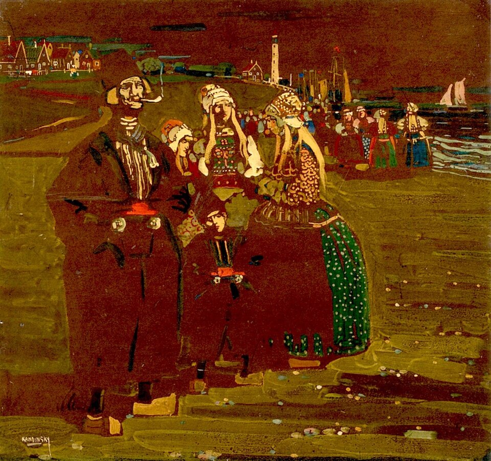 Ilustracja o kształcie kwadratu przedstawia  obraz Wasyla Kandinsky’ego, „Wspomnienie z Holandii” („Oczekiwanie na powracające statki”). Na ilustracji ukazane są postacie: mężczyzna palący fajkę, trzy kobiety w bogato zdobionych sukniach oraz dziecko. Oprócz kobiety wszyscy stoją w rzędzie. W tle znajduje się kolejna grupa osób, idących wzdłuż wybrzeża. W oddali widać domy oraz rzekę, na której płyną łodzie. W dziele dominują czerwono‑brązowe plamy barwne z mocnymi akcentami bieli. 
