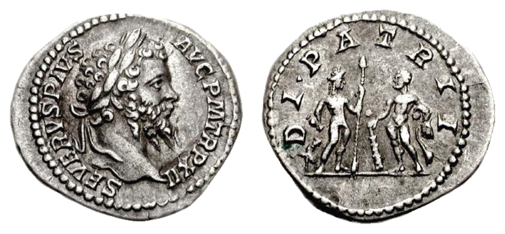 Ilustracja przedstawia denary cesarza Septymiusza Sewera. Na pierwszym widnieje podobizna brodatego mężczyzny z długimi, kręconymi włosami, na głowie ma wieniec laurowy. Po bokach znajduje się napis SEVERVSPIVS AVGPMTRPXII. Drugi denar przedstawia dwie nagie postacie, trzymające podłużne przedmioty. Wokół nich widnieje napis DI PATRII.