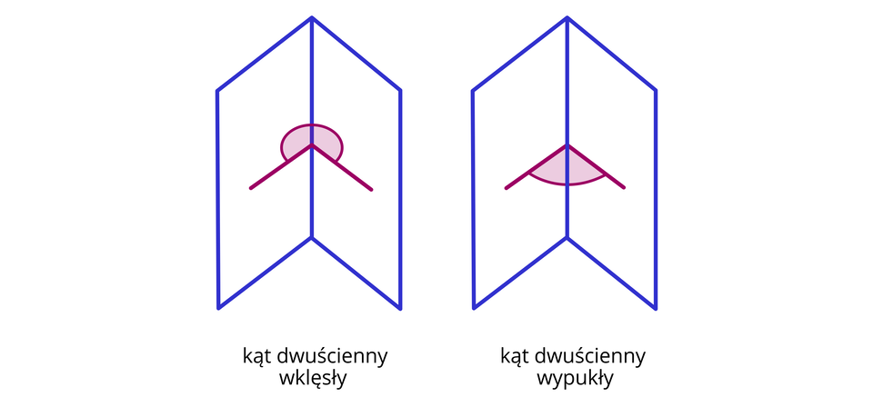 Pojawiają się dwie ilustracje, pierwsza prezentująca kąt dwuścienny wklęsły, składa się z dwóch ścian  przypominających otwartą książkę. Kąt zakreślony jest na zewnątrz książki, przy twardej okładce. Drugi ilustruje kąt dwusieczny wypukły. Podobnie przypomina on otwartą książkę, tym razem kąt zawarty jest wewnątrz książki, po stronie kartek. 