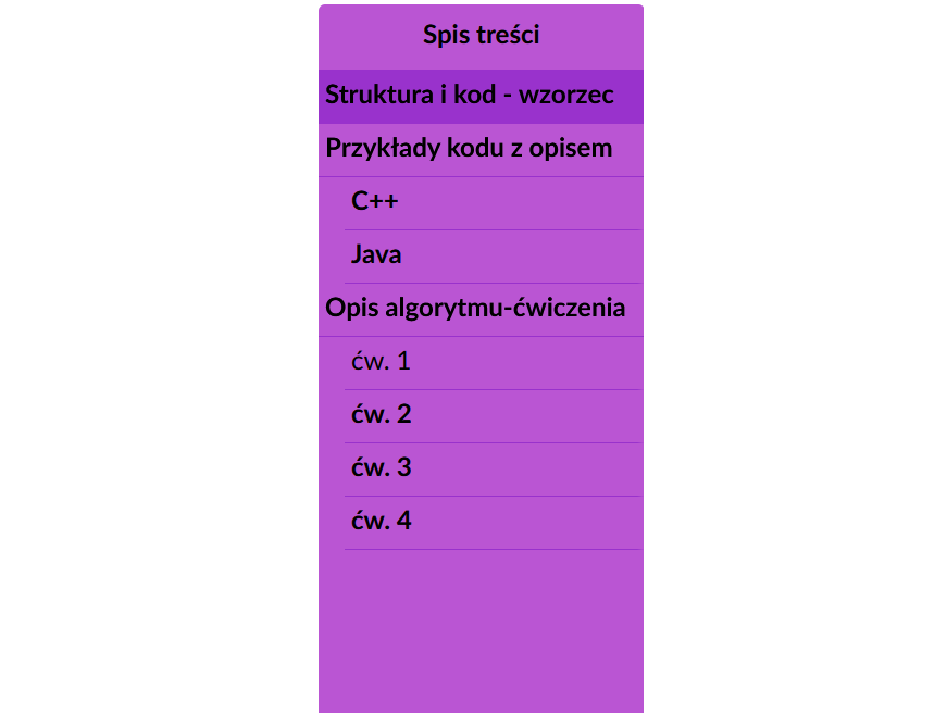 Ilustracja przedstawia spis treści jednej z części atlasu. Spis ma formę zakładek ułożonych jedna pod drugą w pionowym rzędzie.
