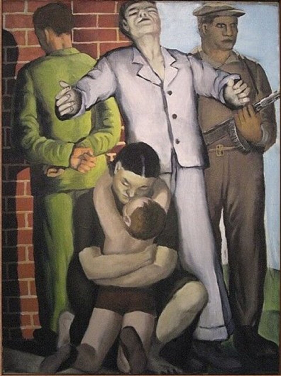 Ilustracja przedstawia obraz Andrzeja Wróblewskiego „Rozstrzelanie III” (Rozstrzelanie rodziny) o kształcie pionowego prostokąta. Ukazuje znajdującą się na tle ceglanej ściany grupę osób. Troje mężczyzn stoi. Pierwszy od lewej, ubrany w zielony garnitur jest odwrócony do widza plecami i ręce ma założona do tyłu. Drugi ma wyciągnięte do przodu i szeroko rozłożone ręce, głowę odchyloną do tyłu i jest ubrany w biały garnitur (wygląda jakby się przewracał). Trzeci, ubrany w brązowy czapkę trzyma w rękach karabin. Przed nimi klęczy kobieta, która przytula dziecko obejmujące ją za szyję.