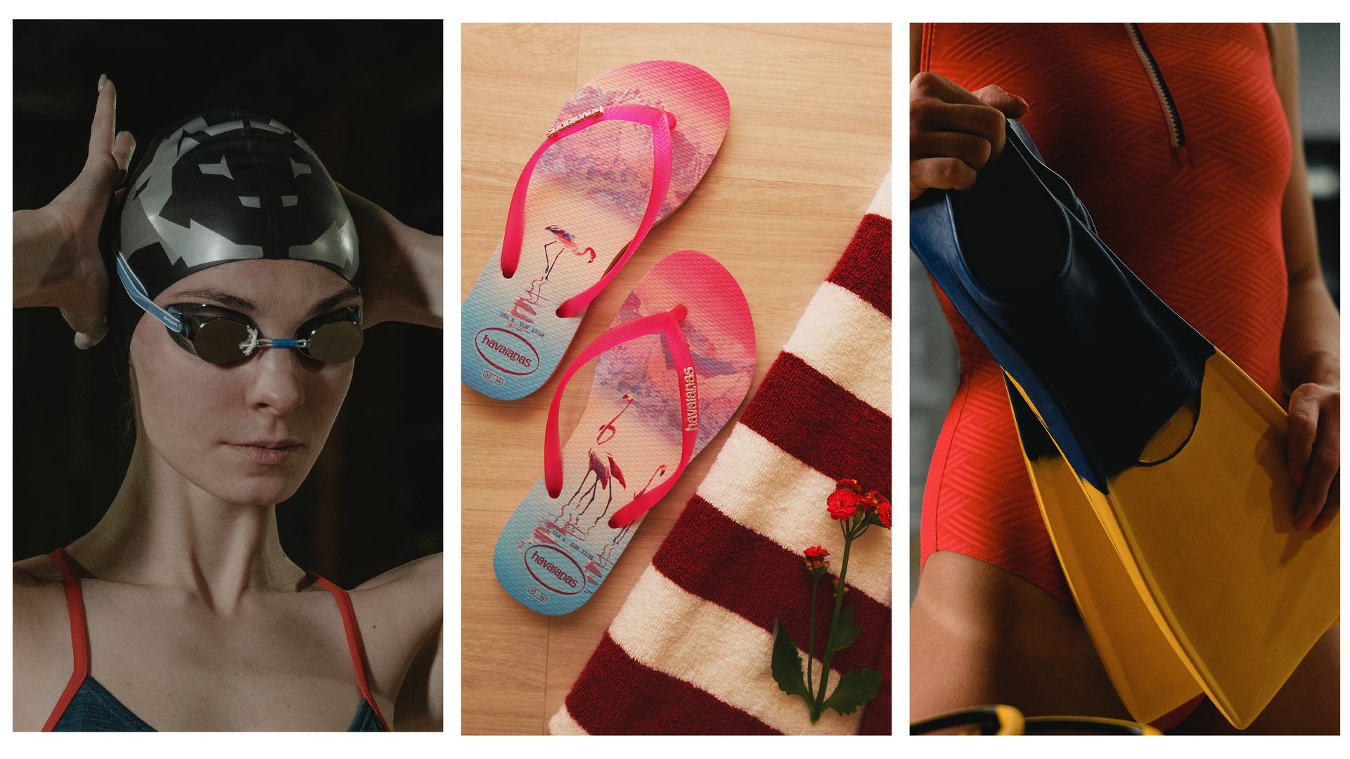 Ilustracja składa się z trzech zdjęć. Na zdjęciu po lewej widoczna jest głowa osoby w czepku i okularach do pływania. Środkowe zdjęcie przedstawia klapki tzw. "japonki". Zdjęcie po prawej przedstawia zbliżenie na osobę trzymającą w rękach płetwy.