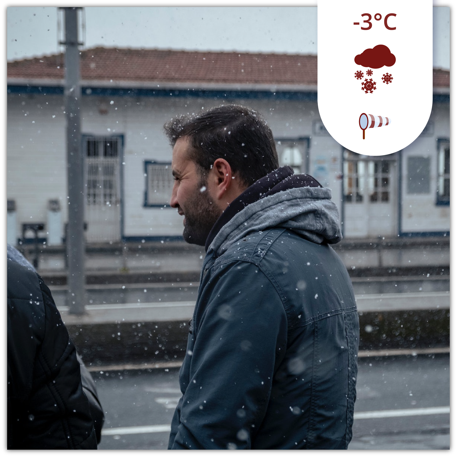 Zdjęcie przestawia mężczyznę w kurtce i bluzie. Mężczyzna stoi na peronie. Pada śnieg. Na zdjęciu jest informacja o temperaturze - minus trzy stopnie Celsjusza. Pod nią grafika przedstawiająca chmurę, z której pada deszcz oraz wskaźnik wiatru. 