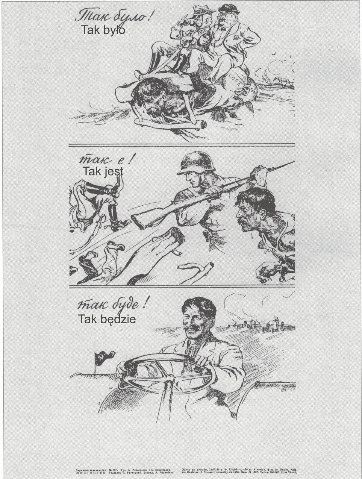 Ilustracja składa się z trzech części. Część pierwsza przedstawia umęczonego mężczyznę zaprzęgnięto w pług do orania pola. Mężczyzna ma potargane włosy i postrzępione ubranie. Na mężczyźnie siedzą dwaj mężczyźni: jeden w mundurze oficerskim, a drugi w garniturze i meloniku na głowie. Mężczyzna w garniturze siedzi dodatkowo na workach z pieniędzmi. Nad ilustracją jest napis Tak było. Druga część ilustracji przedstawia tego samego umęczonego mężczyznę przy żołnierzu. Żołnierz uderza karabinem w dwóch mężczyzn, którzy wcześniej siedzieli na umęczonym mężczyźnie. Nad ilustracją jest napis Tak jest. Trzecia część ilustracji przedstawia tego samego umęczonego wcześniej mężczyznę, który jest schludnie ubrany, ma ułożone włosy i przystrzyżone wąsy. Jest uśmiechnięty i prowadzi traktor na polu. W tle powiewa flaga ZSRS. Nad ilustracją jest napis Tak będzie.