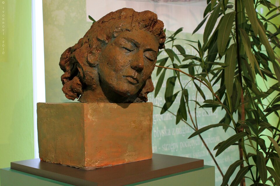 Zdjęcie przedstawia rzeźbę głowy kobiety na postumencie. Kobieta ma zamknięte oczy, pociągłą twarz, prosty nos i włosy do ramion. Po prawej stronie rzeźby widać roślinę oraz napis na ścianie.