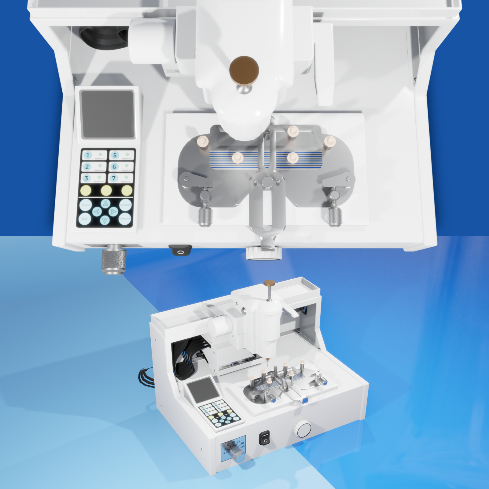 Na grafice znajduje się wiertarka automatyczna. Ma ona panel sterowania, miejsce do obróbki oraz zestaw wierteł.