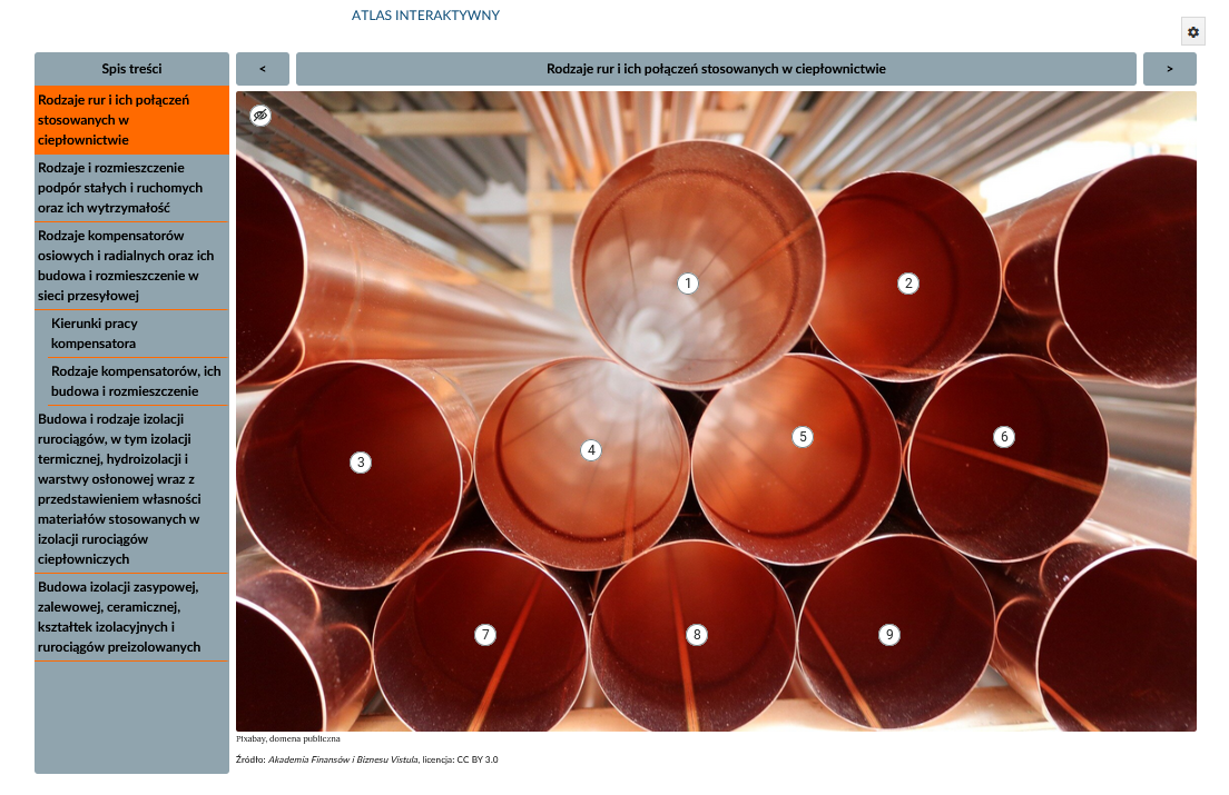 Ilustracja przedsstawia widok atlasu interaktywnego. Po lewej stronie znajduje się spis treści składający się z licznych zakładek. Na środku wyświetlona jest grafika pierwszej zakładki. Grafika przedstawia rury. Na grafice znajdują się znaczniki z cyframi.