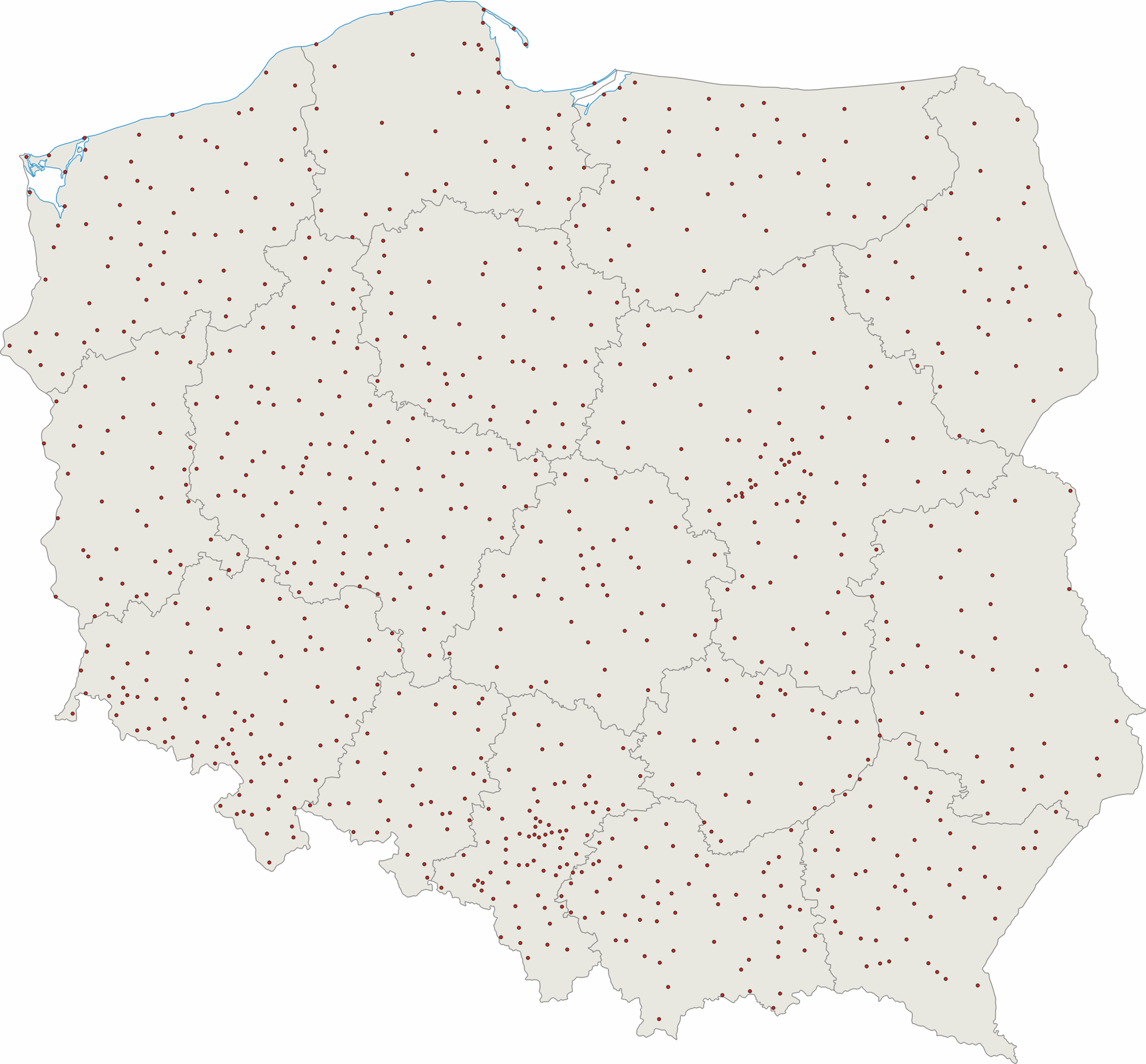Mapa przedstawia rozmieszczenie miast w Polsce. Kontur kraju wyznaczony jest czarną linią, jej obszar pokrywa kolor kremowy. Jasnoszare linie oznaczają konkretne województwa. Miasta zaznaczono brązowymi punktami. 
