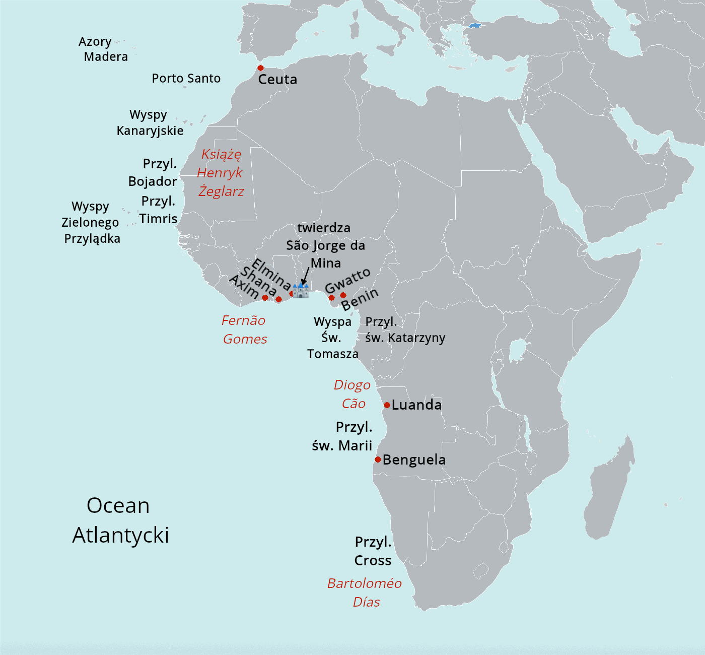 Mapa przedstawia kontynent afrykański. Są na nim zaznaczone miejsca na wybrzeżu i przylądki do których dotarli portugalscy odkrywcy: w północnej Afryce – Ceuta, w środkowo‑zachodniej Afryce – Axim, Shana, Elmina (i w ich pobliżu Twierdza São Jorge da Mina), Gwatto, Benin i Przylądek Świętej Katarzyny, oraz bardziej na południe Luanda, Benguela i Przylądek świętej Marii i Przylądek Cross. 