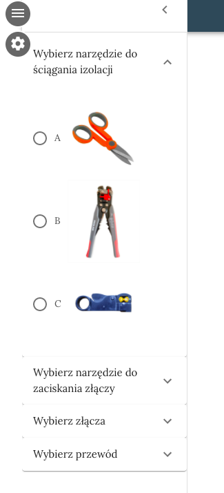 Widoczna jest lista, na której zamieszczono zdjęcia. Nad zdjęciami znajduje się treść polecenia. Obok każdego z nich widnieje pole wyboru oznaczone literami a be ce.