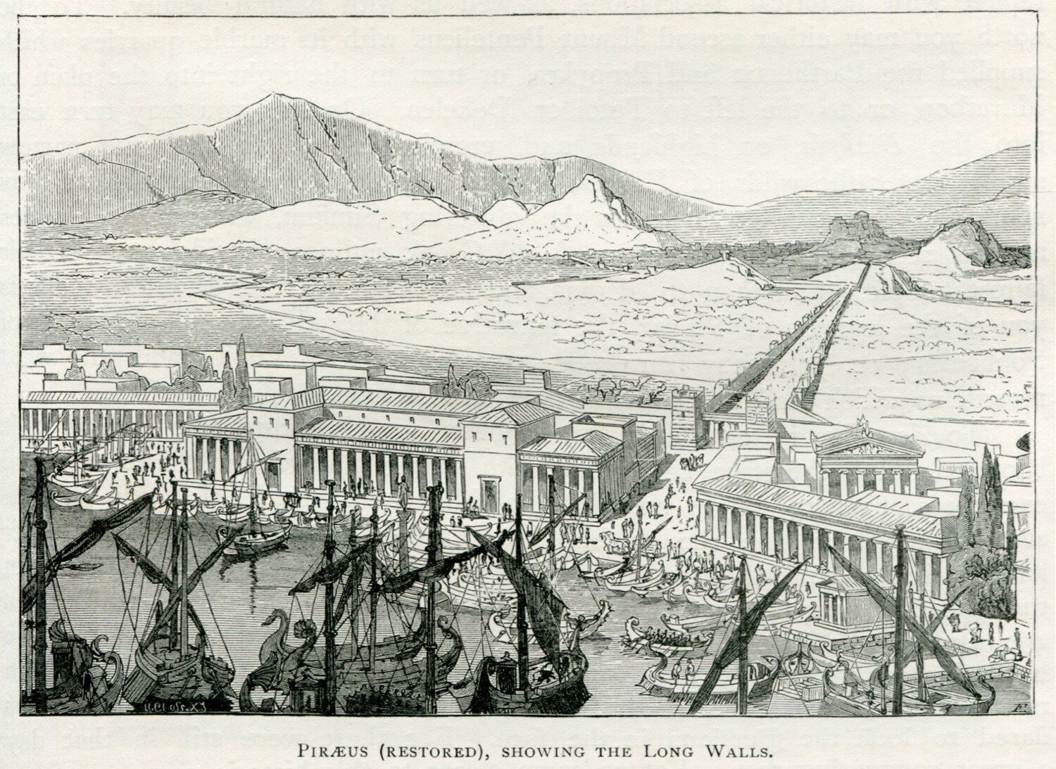 Rycina przedstawia wygląd portu w Pireusie od strony morza. Widać tu liczne statki i zabudowania bezpośrednio nad brzegiem morza oraz drogę prowadzącą w głąb lądu. Na drugim planie widoczne są masywy górskie.