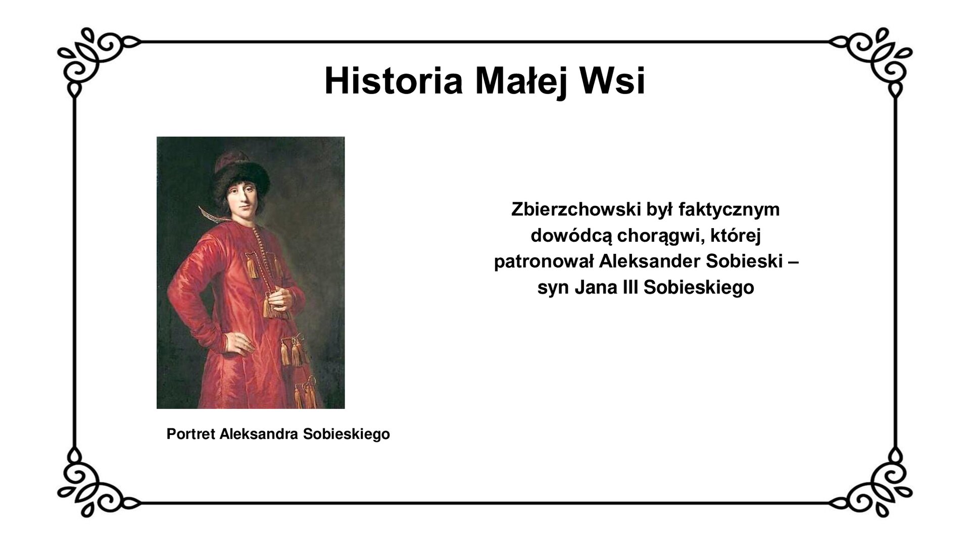 Obraz przedstawia sylwetkę syna Jana III Sobieskiego – Aleksandra.  Młody mężczyzna z włosem zaczesanym na ucho patrzy na wprost widza. Na głowie nosi czapkę szlachcica w stylu wschodnim. Na sobie nosi kontusz szlachecki zapinany na guziki od szyi w dół. Przy guzikach przypięte złote nici złączone w kutasy, dwa w każdym z czterech rzędów. Prawą ręką opiera się o własny bok. Lewa ręka położona jest na kontuszu, na wysokości przepony. Tło obrazu ciemne, postać królewicza oświetlona. 