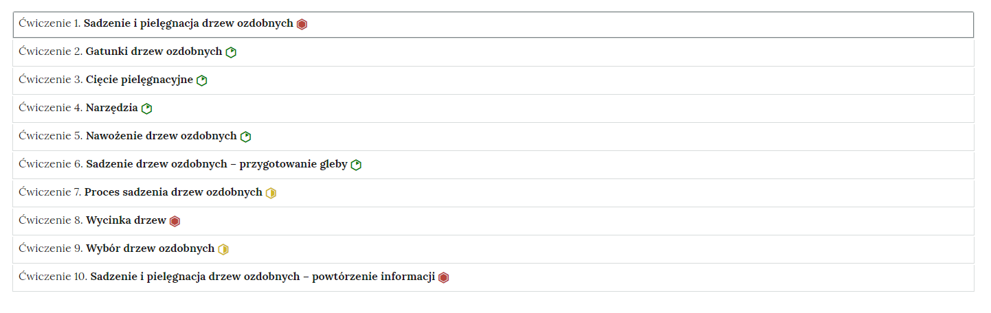 Grafika przedstawia widok ogólny harmonii z interaktywnymi materiałami sprawdzającymi. Widocznych jest dziesięć zatytułowanych ćwiczeń ustawionych w harmonii. Każde ćwiczenie ma przypisany poziom trudności.