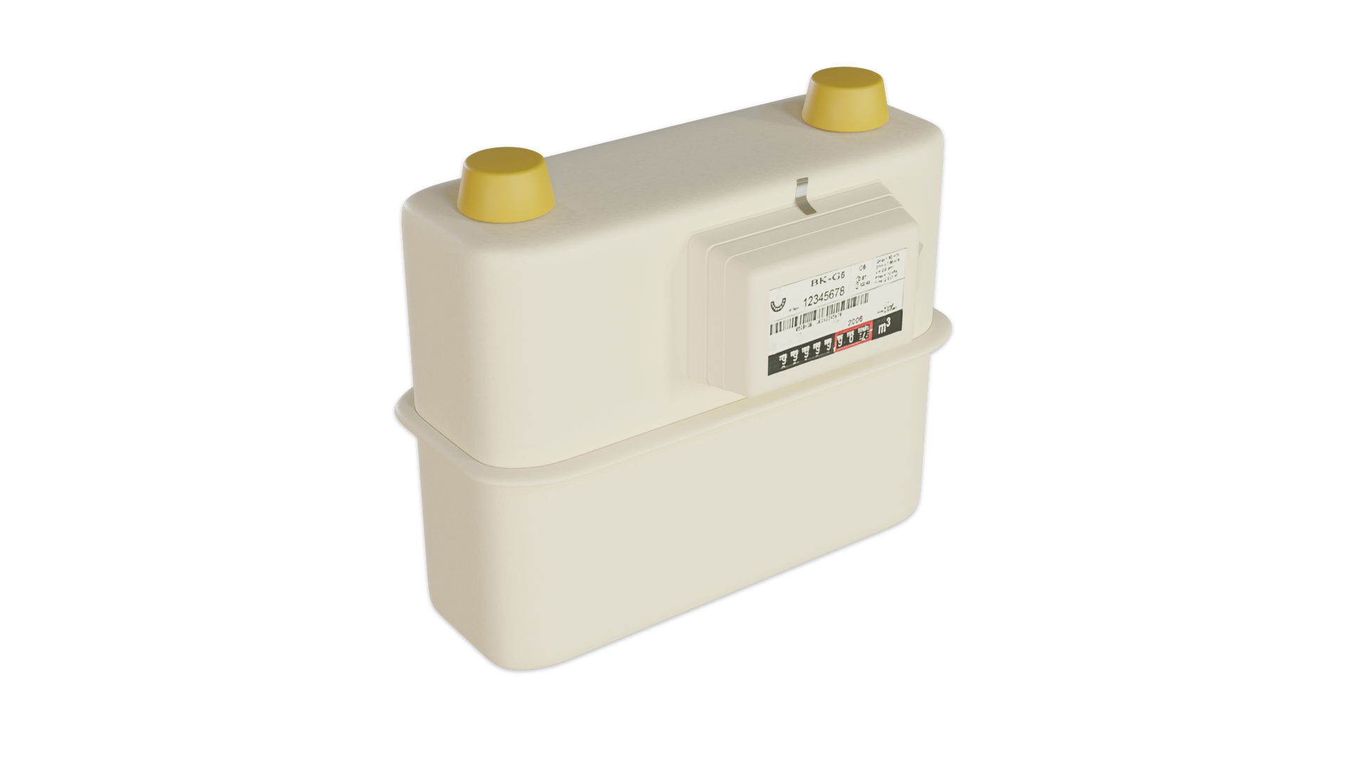 Ilustracja przedstawia gazomierz miechowy. Gazomierz miechowy to urządzenie używane do pomiaru zużycia gazu w gospodarstwach domowych oraz innych budynkach. Przypomina niewielką metalową skrzynkę z wystającym okienkiem na przedniej stronie. Na okienku znajduje się kod kreskowy, informacje na temat urządzenia oraz licznik gazu. Z górnej części urządzenia wystają dwa bolce.